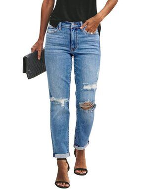 Women's Light Blue Ripped Mid Waisted Boyfriend Jeans Loose Fit Distressed Jeans